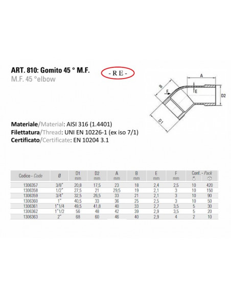 45° MF Winkel aus Edelstahl - AISI 316