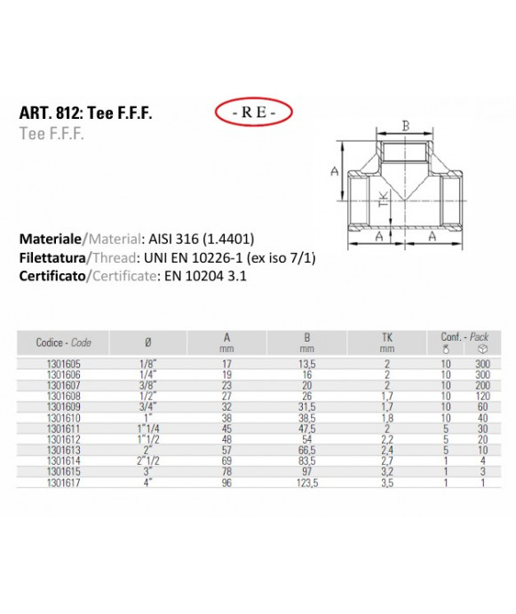 Stainless steel tee - AISI 316