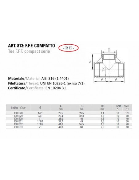Stainless steel tee COMPACT - AISI 316